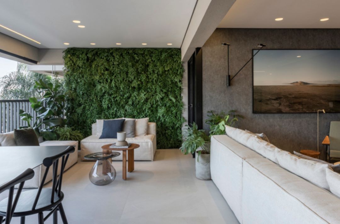 apartamento com plantas na parede da sala uma forma de sustentabilidade dentro de casa