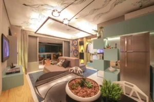A imagem mostra um apartamento studio decorado, que é um tipo de moradia compacta e funcional.