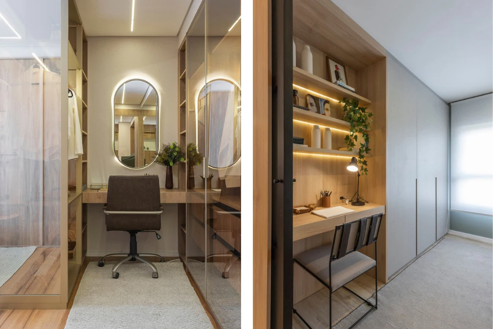 A imagem mostra exemplos de um "cloffice", um espaço que combina as funções de um closet e um escritório doméstico (home office).