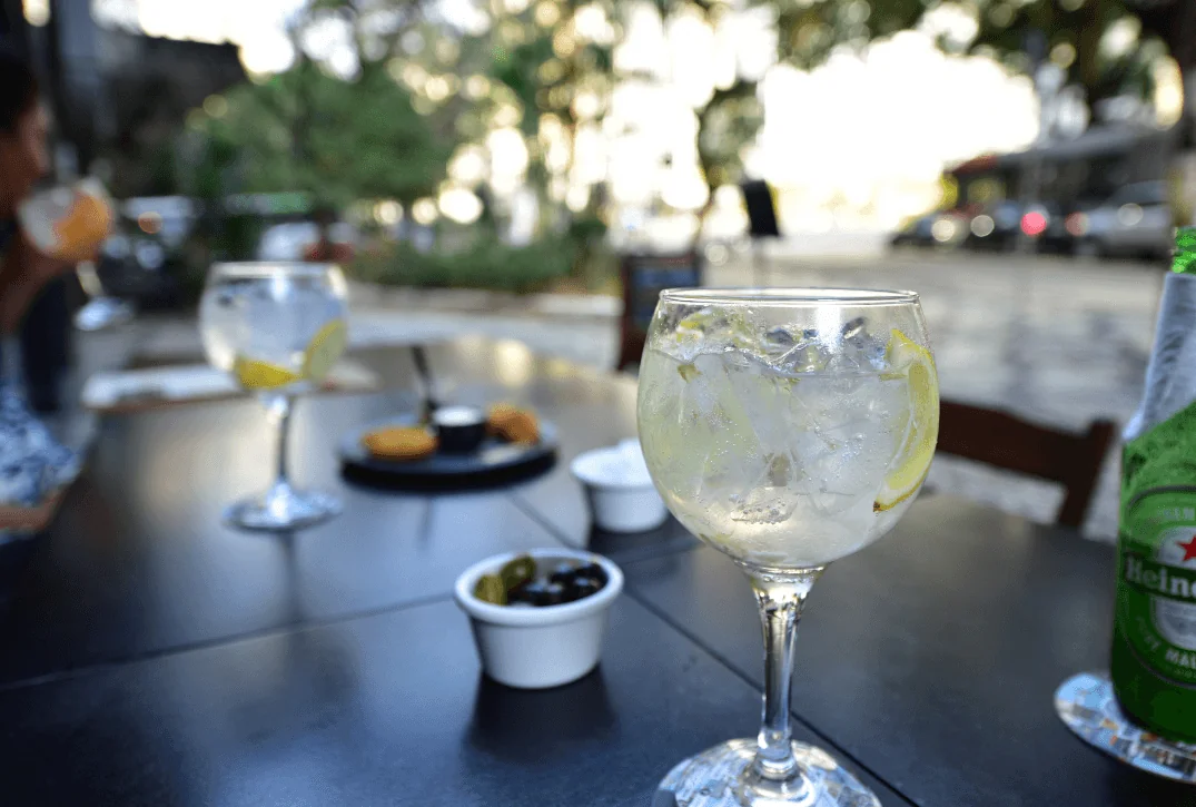 A imagem mostra uma taça de gim-tônica, um popular coquetel highball feito com gim e água tônica.