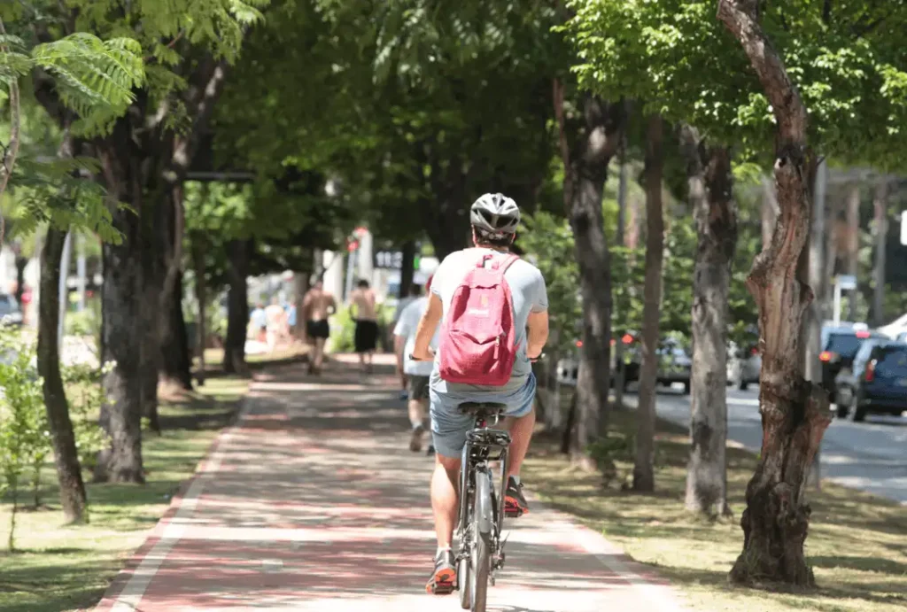 A imagem mostra uma ciclovia urbana arborizada no Brasil, especificamente em Ilha Solteira, São Paulo, localizada no canteiro central da Avenida Brasil Norte. Pessoas estão pedalando e caminhando em uma área verde e sombreada, separada do tráfego de veículos.