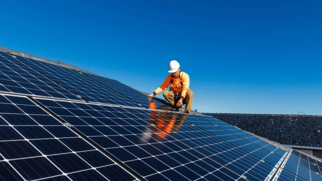 A imagem mostra um técnico instalando painéis solares em um telhado. A energia solar é uma fonte de energia limpa e renovável que utiliza a luz e o calor do Sol. 